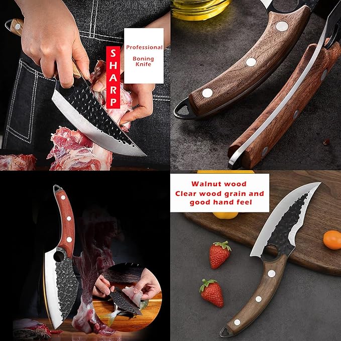 Handmade Forged Kitchen Knife 3 Pcs Professional Chef Knife Set, Hunting, BBQ Meat Knives for Cooking, Forged Kitchen Knife with High Carbon Stainless Steel Cutlery With Leather Sheaths