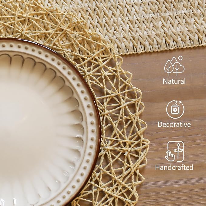 AHHFSMEI Paper Braided Round Placemats Natural Non-Slip Heat Resistant Table Mats for Dining Tables Farmhouse Woven Indoor & Outdoor Place mats for Thanksgiving (12, Beige B)