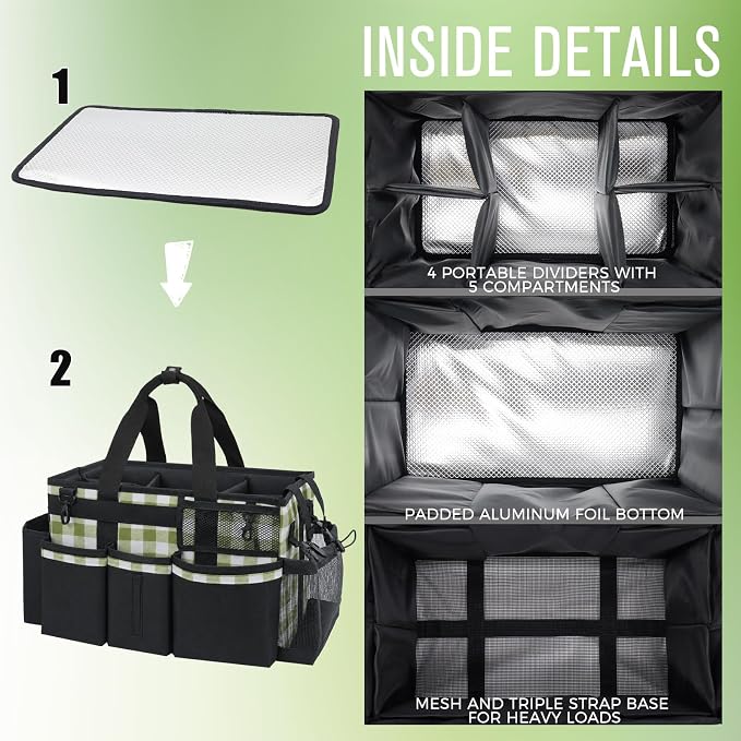 SCAVATA Wearable Cleaning Caddy, Cleaning Caddy Supplies Organizer with Handle & Shoulder Straps for Housekeepers, Under Sink & Car Cleaning Tool Organizers Bag with 4 Foldable Divider (GreenPlaid)