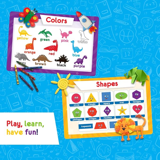 Simply Magic 5 Educational Placemats for Kids – Kids Placemats Non Slip | Washable Reusable Plastic Place Mats for Toddler, Alphabet ABC, Shapes, Colors, Numbers, Solar System Learning Place Mats