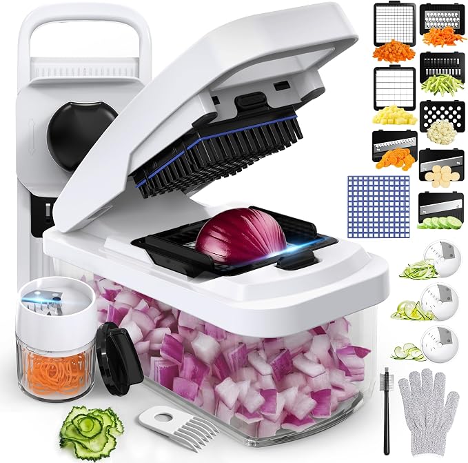 Multifunctional Vegetable Chopper & Mandoline Slicer with Spiralizer | Removable Grid ,8 Interchangeble Blades, Onion Chopper, Easy to Clean, Dishwasher Safe, Fruit Slicer Onion Dicer