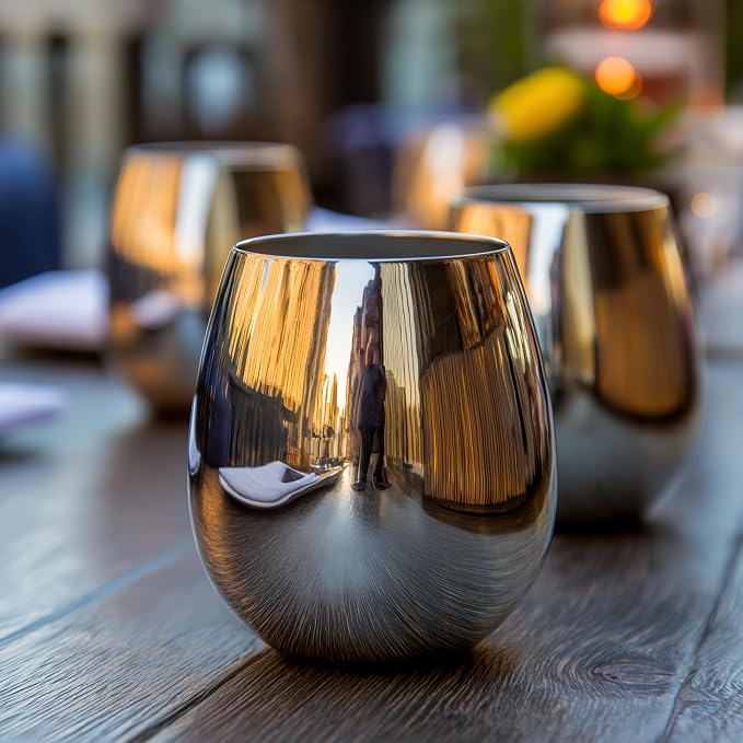 K&K Home Silver Stainless Steel Unbreakable Silver Stemless Wine Glasses - 15 oz - Set of 4 Colored, Stemless Metal Wine Glasses Perfect for Outdoors, Weddings, and Parties