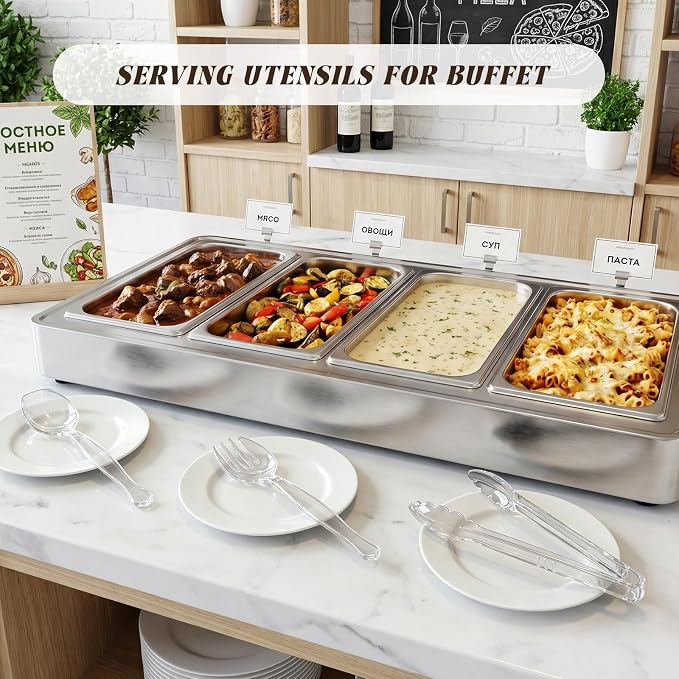 Mwellewm Plastic Serving Utensils Set Disposable Tongs Spoons for Buffet | Heavy Duty, BPA free, Large, 18Pcs Clear Party Catering Supplies Buffet Display Utensils for Restaurant, Wedding,Banquet,Food