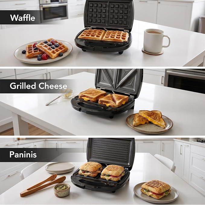 OVENTE 3 in 1 Electric Sandwich Maker, 750W Non-Stick Plates, Black GPI302B | Panini Press Grill and Waffle Iron Removable Set , Perfect for Grilled Cheese, Tuna Melts, Burgers, Steaks and Snacks