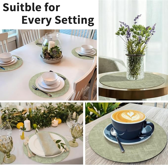 Maxpearl Faux Leather Round Placemats Set of 6, 13.8 inch, Light Green | Waterproof, Heat Resistant, Non Slip, Wipe Clean Dining Table Place Mats, Suitable for Indoor & Outdoor Use, Table Settings