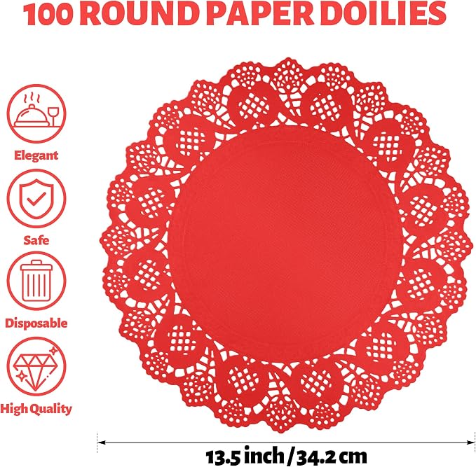 MCEAST 100 Pack Round Red Paper Doilies 13.5 Inches Lace Paper Place Mats Rustic Scallop Doily Disposable Table Pads for Food Cakes Crafts Party Weddings Tableware Decor