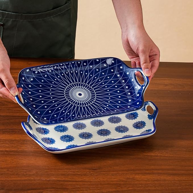 Serving Tray with Handles - 12 Inch Large Ceramic Rectangle Turkey Serving Platter for Food Meat - Porcelain Serving Dish for Entertaining Thanksgiving - Oven Safe - Set of 4 - Vintage Blue
