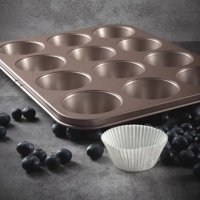 12 Cup Muffin Pan Nonstick, PFOA & BPA Free | | Non-Toxic - High Carbon Steel - Gold - Cupcake Tin for Oven Baking