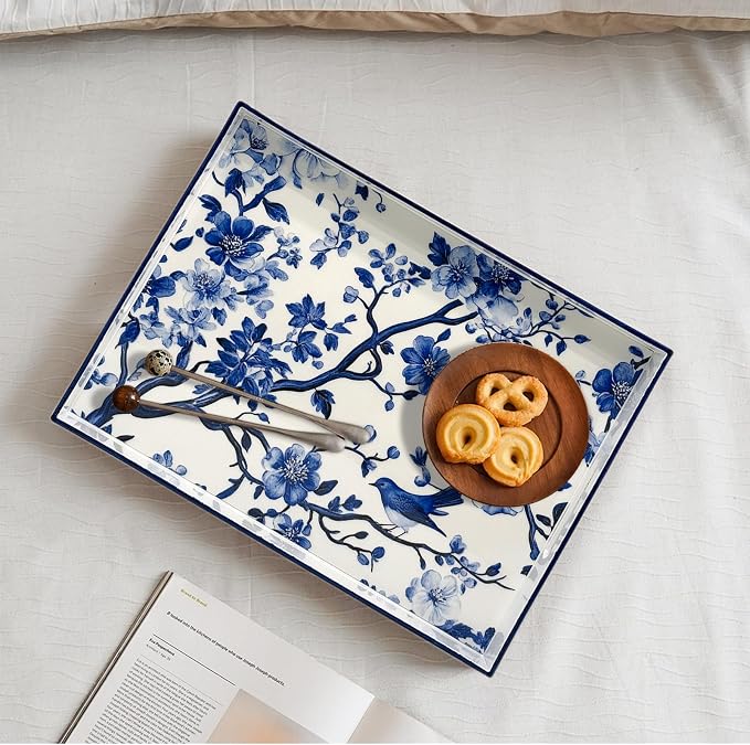 Serving Tray with Handles, 15.7 * 11.8 inches, Plastic Ottoman Tray with Exquisite Paintings, Trays for Coffee Table