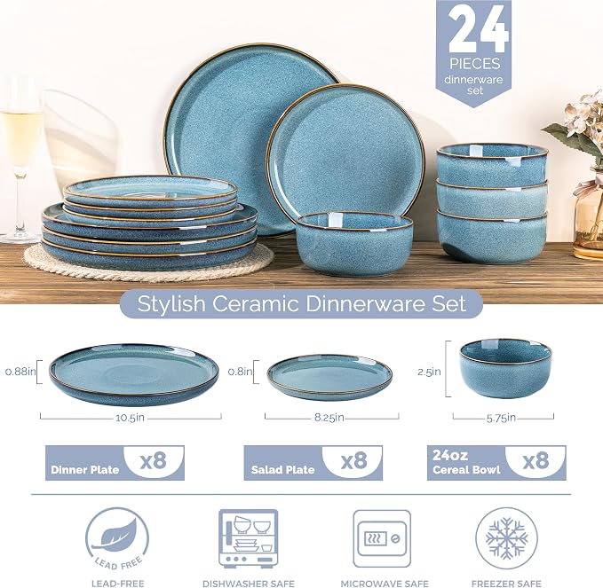 GBHOME Dinnerware Sets for 8, 24 Pieces Ceramic Plates and Bowls Set | Scratch Resistant Stoneware Dishes Set, Dishwasher & Microwave Safe, Reactive Glaze-Space Blue
