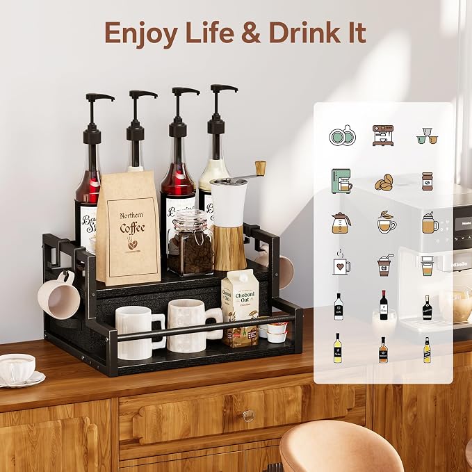 Homeiju Coffee Syrup Organizer Rack, 2-Tier Bottle Coffee Bar Accessories | Holder Stand with K Cup Storage Drawer for Coffee bar, Wine Rack , Storage Shelves for Syrup. (Black)