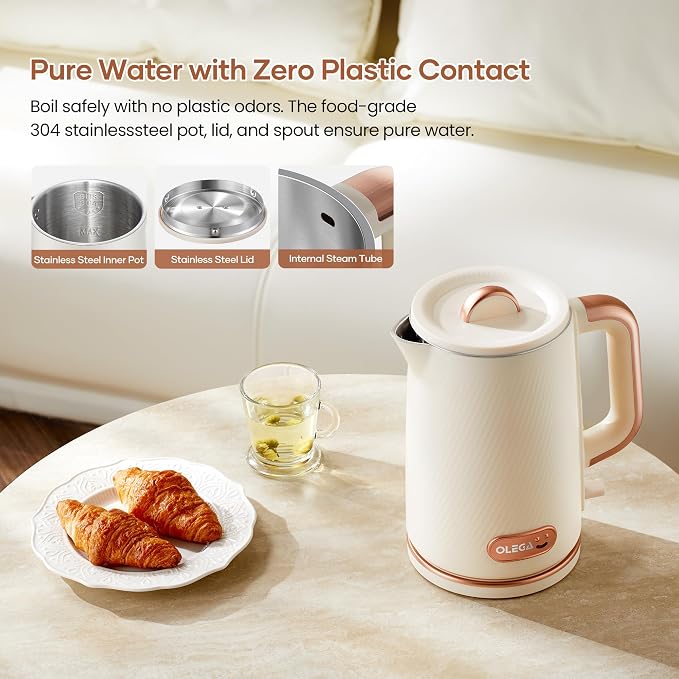 OLEGA Electric Kettle: 1200W Fast Boil Tea Kettles with Tea Infuser 1.5L | Stainless Steel Kettle; Electric Water Kettle with Strainer; Plastic Free Teapot; Auto Shut-Off Water Boiler