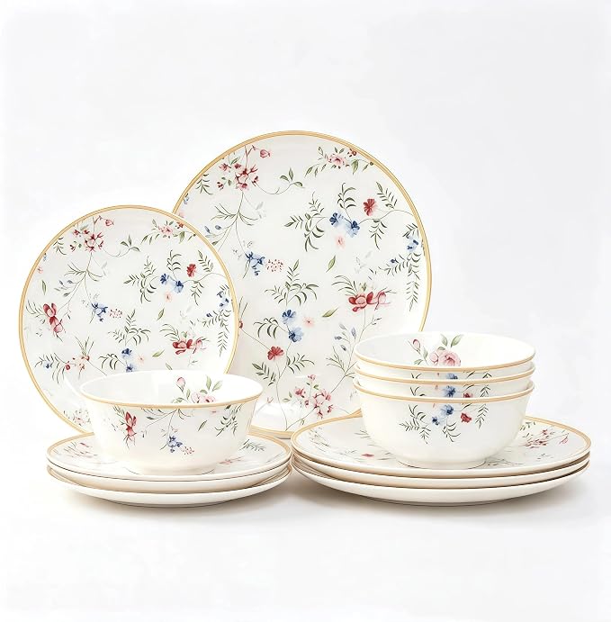 FHGNYSM Dinnerware Set for 4 (English Garden Style) | 12-Piece Porcelain Lightweight Plates and Bowls Sets , Kitchen Dinner Set with Whisper of Golden Banding
