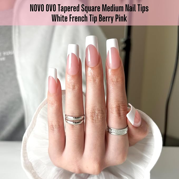NOVO OVO White French Tip Medium Square Nail Tips Press on BERRY PINK, Extra Thick Soft Gel Fake Nail Acrylic Extension, Need Builder Gel Top Coat, No Glue Included, for Salon DIY 15 Sizes x 240 pcs