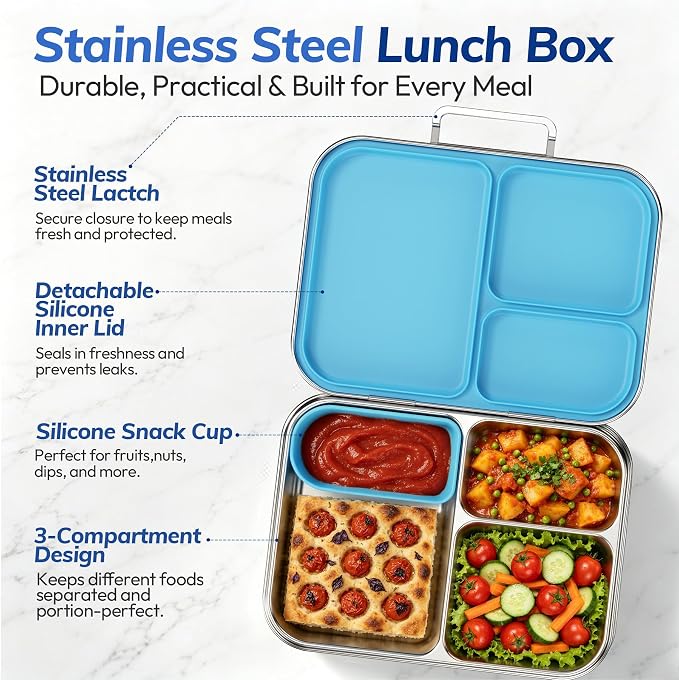 Stainless Steel Bento Lunch Box for Kids and Adults,3 Compartment Meal Lunch Box with Detachable Silicone Lid,Leak-Resistant Food Container with Snack Cup for School,BPA-Free(Blue)