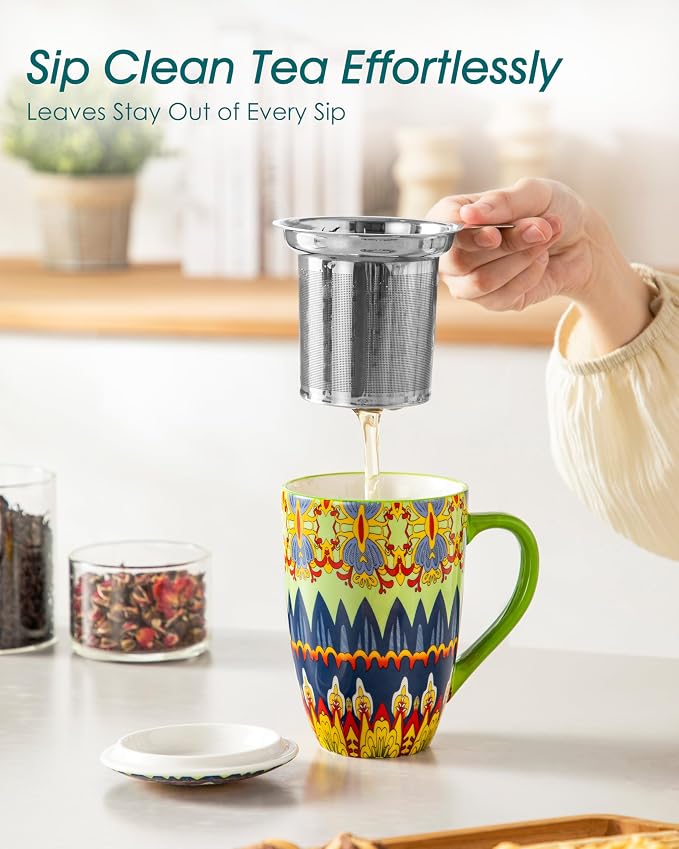 vancasso 18 Oz Tea Infuser Mug with Lid, Mint Petal Whirl | Eye-Catching Bohemian Pattern, Adds Charm to Any Tea Corner, Ceramic Mug with Infuser, Microwave and Dishwasher Safe