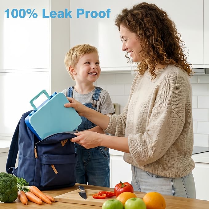 HOMEKOL Bento Lunch Box Set for Kids, Blue | with Stainless Steel Insulated Food Jar, Plastic Water Bottle, Bag and Silicone Spoon and Fork for Boys Girls
