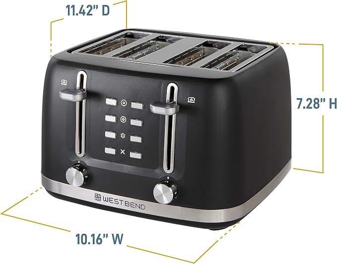 West Bend Toaster 4-Slice Extra-Wide and Deep Slots with 3 Functions and 7 Shade Settings Manual Toast Lift Lever Auto Shut-Off and Removable Crumb Tray, 1500-Watts, Black