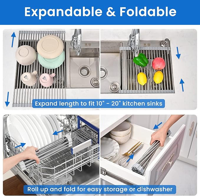 Roll Up Dish Drying Rack Over the Sink 12.5"-21.6" Expandable | 304 Stainless Steel Foldable Sink Drying Rack, Dish Drainer for Kitchen Sink, Dish Dryer Rack Mat for Kitchen Counter, Gray