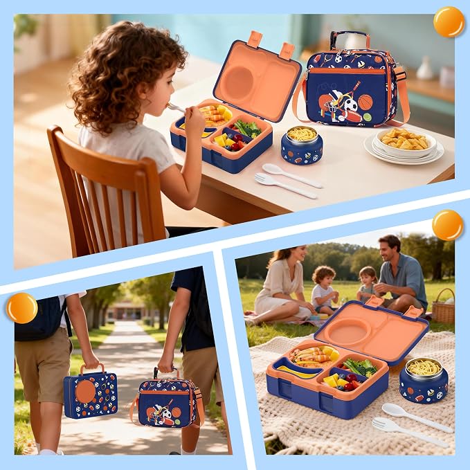 Bento Box for Kids, Leakproof Kids Lunch Box with 8.5OZ Thermo Food Jar & Lunch Bag, 3-4 Compartments Toddler Insulated Lunch Box for Boys, BPA Free Lunch Containers for School Daycare