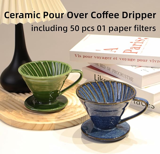 Ceramic Coffee Dripper includes 50 Filters 01 Pour Over Coffee Maker Porcelain V Hand Brewed Set Pottery Artisanal Drip Brew Barista Gift 1 Cup for Single People Travel Camping Office Home