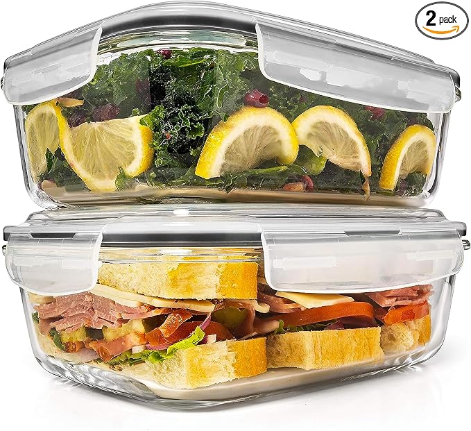 Razab 6.5 Cups / 52 Oz 4 Piece (2 Containers + 2 Lids) Glass Food Storage Containers Set with Airtight Locking Lids - For Storing, Baking & Serving BPA Free, Leakproof - Microwave, Freezer & Oven Safe