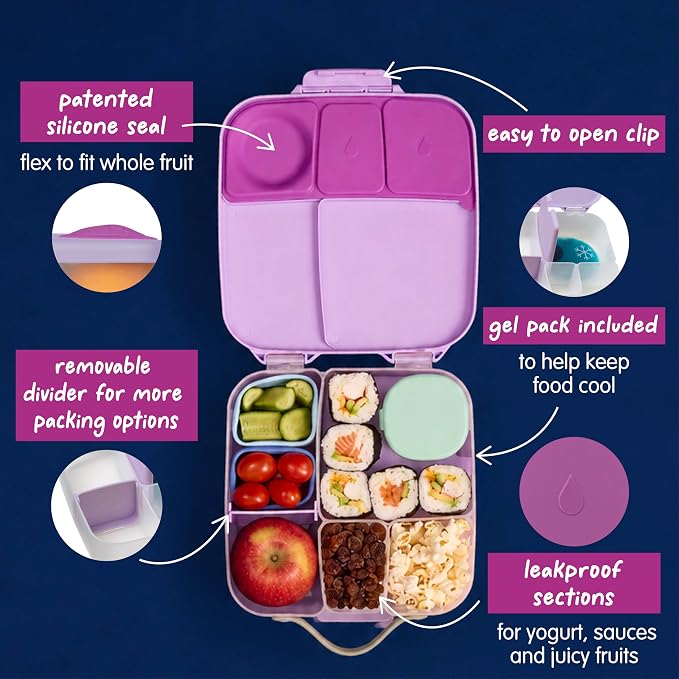 b.box Lunch Box, 8.5 Cup Bento Box for All Ages, Snack Box, Food Containers | Lunch Box Kids + Adults, Lunch Containers, 4 Compartments, Leak Proof, Dishwasher Safe, BPA Free, PFAS Free —Sugar Plum