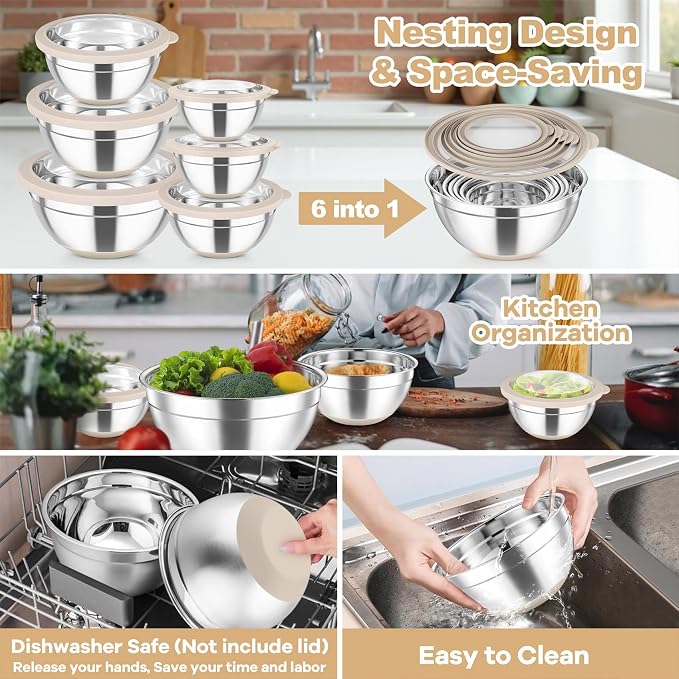 TeamFar Mixing Bowls with Clear Lids, Stainless Steel Salad Bowls, Khaki | Metal Nesting Bowls with Non-Slip Bottom for Flour Fruit, Baking Mixing Serving Prepping, 6PCS, 4.6/ 3.5/ 2/ 1.5/ 1/ 0.7 QT