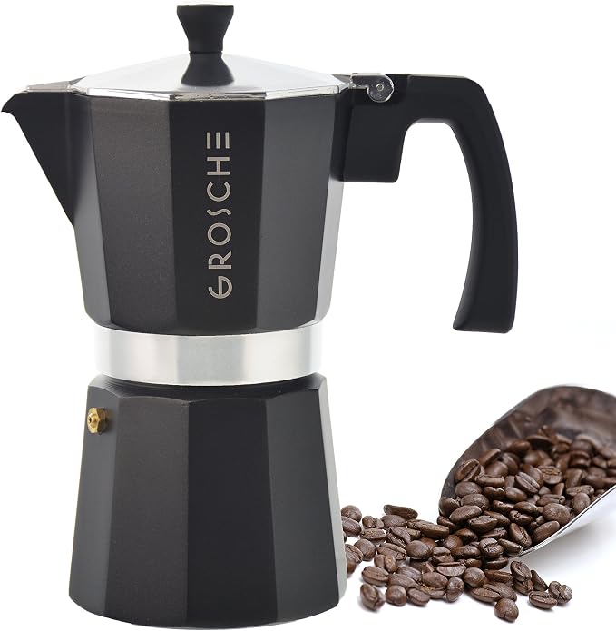 GROSCHE Milano Stovetop Espresso Maker Moka Pot 6 espresso Cup, 9.3oz Black | Cuban Coffee Maker And Italian Moka Pot For Stovetop Espresso; For Gas, Electric, And Propane Stoves With A Soft-Touch Handle