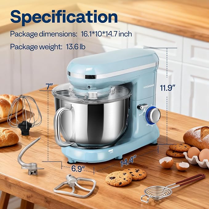 VIVOHOME Stand Mixer, 6-Quart Tilt-Head Kitchen Mixer with Bowl, Blue | 10 Speeds, Dough Hook, Beater, Whisk, Splash Guard, Egg Separator, for Cake & Bread