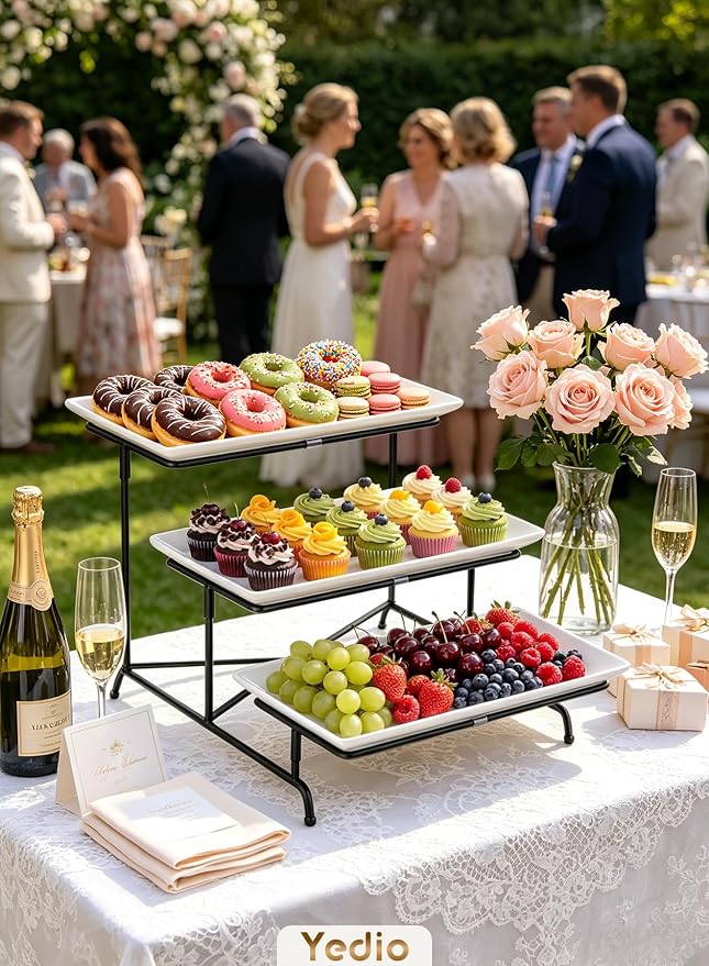 3 Tier Serving Tray, 12 Inch Dessert Display Stand, Black Stand | 3*Porcelain Durable Serving Plates, Microwave/Dishwasher Safe, Modern Cupcake Fruit Buffet Display, Wedding/Tea/Party serving