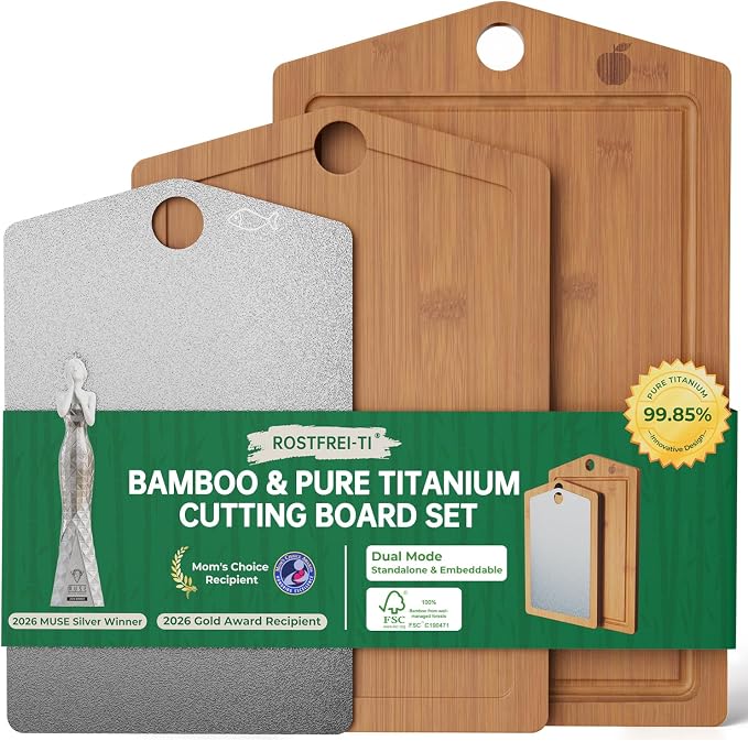 Titanium Cutting Board,Carbonized Bamboo Cutting Boards Set for Kitchen | 3pcs Chopping Boards for Kitchen, Large Metal Wood Cutting Board, Non Slip, Juice Grooves, Knife-Friendly, Dishwasher Safe