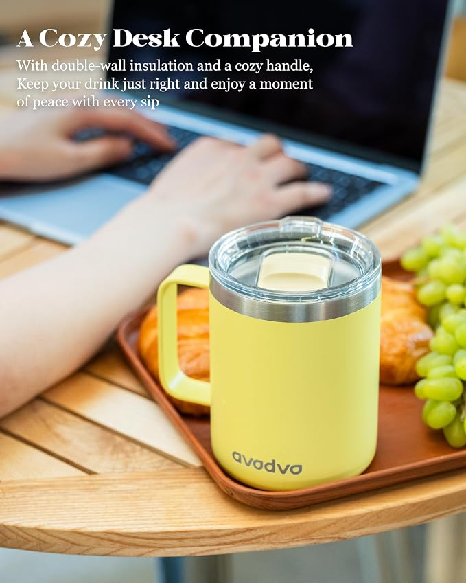 12oz Insulated Coffee Mug with Lid – Includes Two Lids, Stainless Steel Coffee Travel Mug with Handle, Double Wall Vacuum Insulated Camping Mug for Home, Office & Outdoor, Yellow