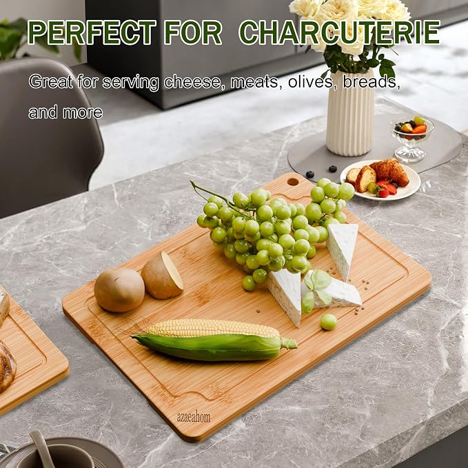 2-Piece Bamboo Cutting Board Set Serving Tray Juice GroovesHandles | Ideal for Meat Vegetables Fruit,Easy Storage & Quick Clean,Natural Wood Construction,Dual-Purpose as Serving Tray