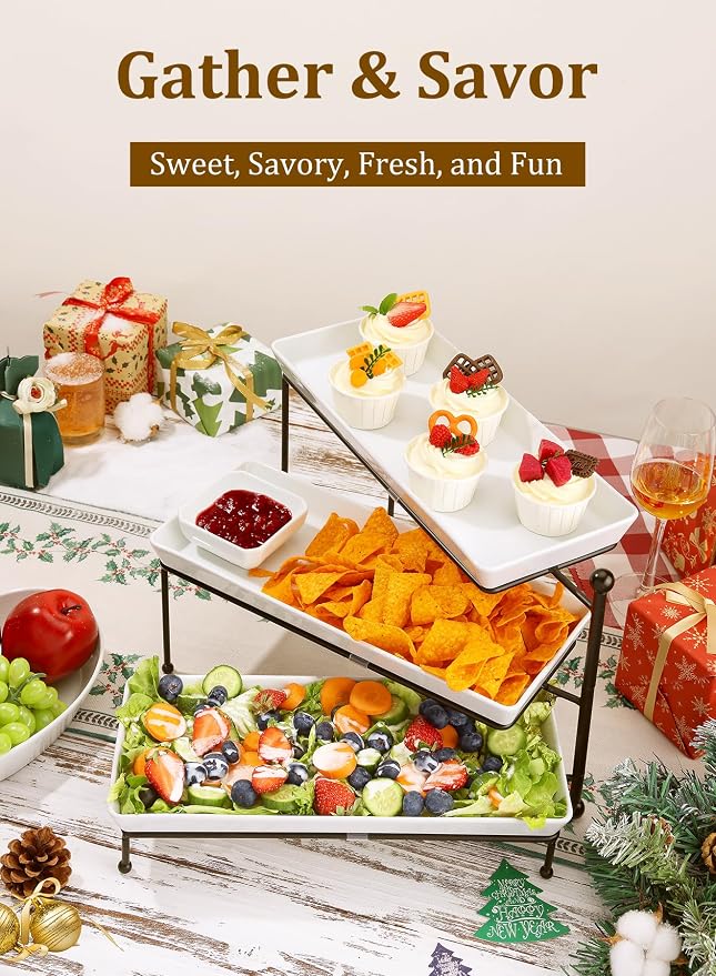 Tiered Serving Tray for Party, 14 Inch Dessert Display Stand, Black | 3*Porcelain Durable Serving Plates, Microwave/Dishwasher Safe, Modern Cupcake Fruit Buffet Display, Wedding/Tea/Party serving
