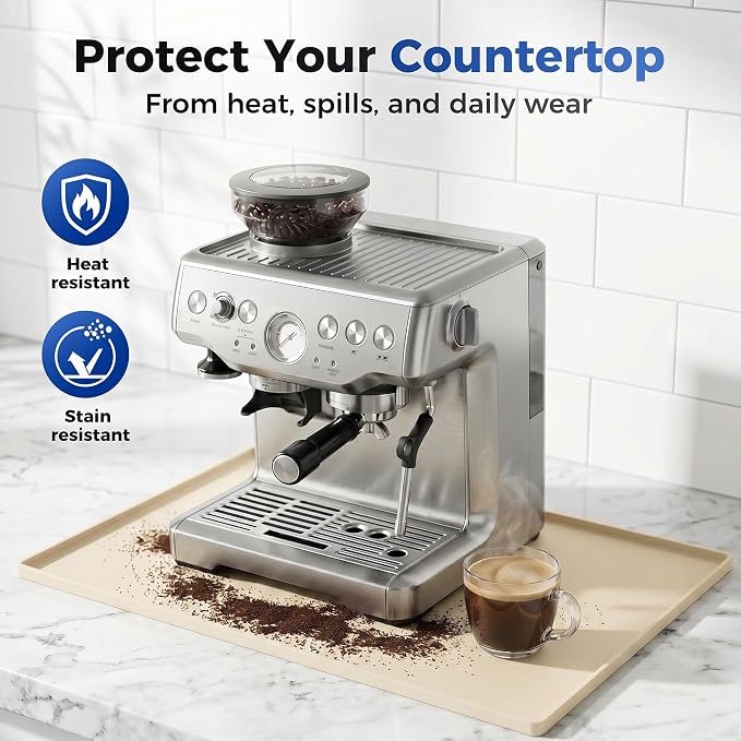 Golener Coffee Bar Mat, Silicone Coffee Mat with Raised Edges, 24"x16" | Coffee Mat for Countertop, Waterproof Coffee Station Mat, Dish Drying Mat Under Rack, Heat Resistant Coffee Machine Mat,Beige