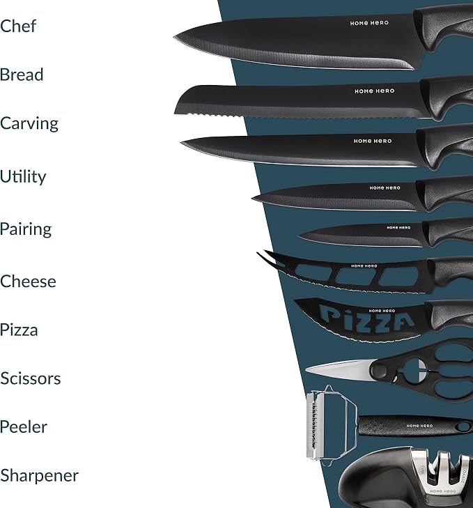 Home Hero Kitchen Knife Set - High Carbon Stainless Steel Blades & Built-In Sharpener - Ergonomic Handles & Cutlery Block Storage - Precision Cooking Prep with Chef Knife - 20 Pc, Black | High Carbon Stainless Steel Knife Set with Block - Built-In Shar...