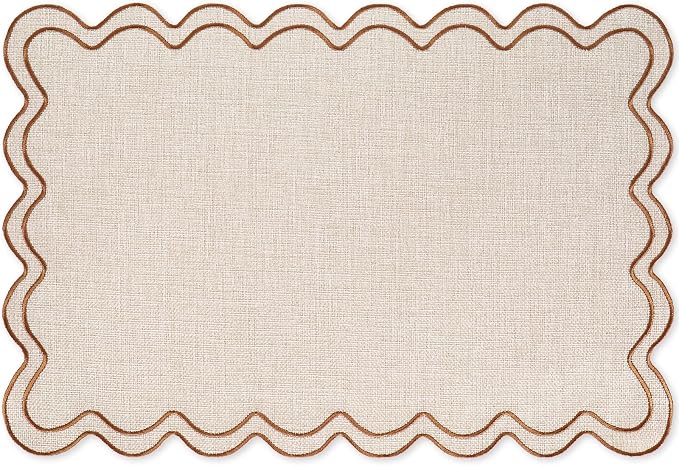 Whaline Beige Linen Placemats Embroidered Scalloped Kitchen Place Mats for Birthday Baby Shower Party Home Dining Table Decor, Set of 6, 13 x 19 in