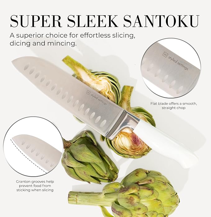 Styled Settings White Knife Set with Block and Sharpener, 14-Piece | High Carbon Stainless Steel Knives with Ashwood Block and Built-In Sharpener - Durable White Kitchen Accessories for Cooking