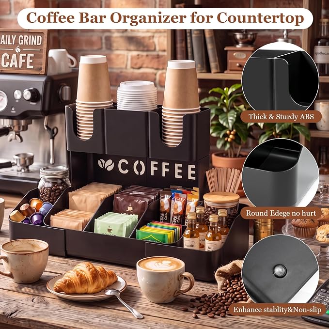 Expandable 2 Tier Coffee Station Organizer, Coffee Bar Organizer with 11 Compartments & Cup Holder Rack, Coffee Pod Holder for K Cups, Tea Bags, Sugar Packets, Countertop Coffee Accessories Storage