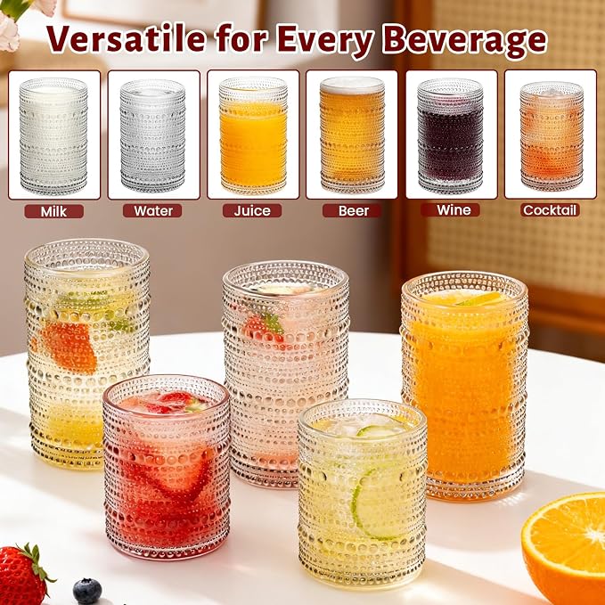 Vintage Hobnail Drinking Glasses Set of 12, 12 Oz Highball Glasses and 10 Oz Cocktail Glasses, Kitchen Glassware Set, Clear Drinking Glass Cups for Cocktail, Whiskey, Beer, Juice, Water, Milk