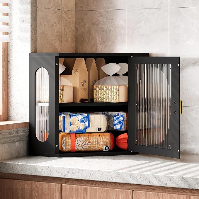 Alpeir Corner Bread Box for Kitchen Countertop, 3 Adjustable Height, Black | Solid Pine Wood, Hold 2 Loaves, Strong Acrylic Window, Easily Care, Farmhouse Pantry Container for Home Baker, Family of 4