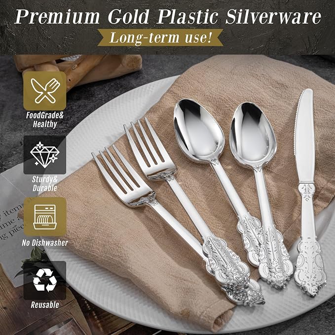 360 Pieces Silver Plastic Silverware- Disposable Flatware - Heavyweight Plastic Cutlery- Includes 120 Forks, 120 Spoons, 120 Knives for Christmas
