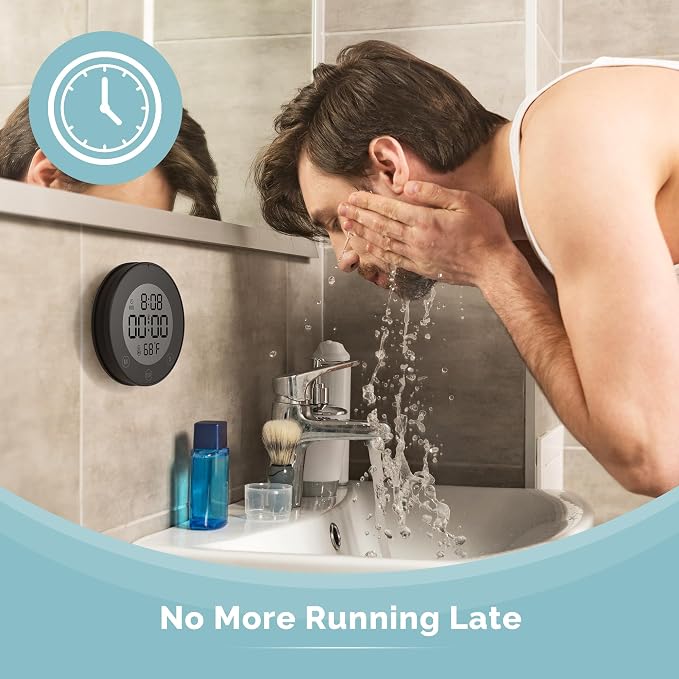 KADAMS Shower Clock Waterproof Bathroom Timer – Digital Wall Clock with Countdown, Magnetic Kitchen Clock with Temperature & Humidity, Suction Cup for Kids Shower Spa Cook Bath (Matte Black)