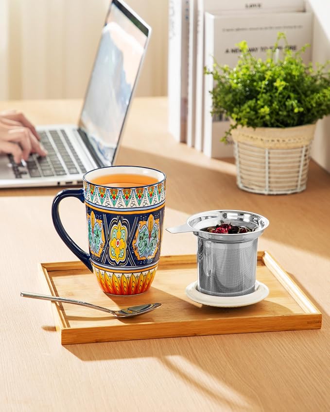 vancasso 18 Oz Tea Infuser Mug with Lid, Forest Daisy Drift | Eye-Catching Bohemian Pattern, Adds Charm to Any Tea Corner, Ceramic Mug with Infuser, Microwave and Dishwasher Safe
