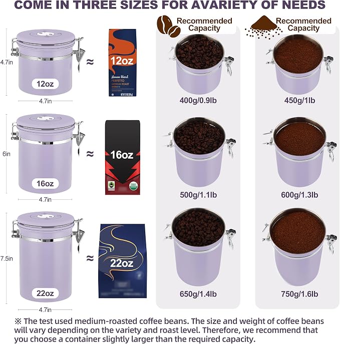 ShanSon Coffee Canister Airtight, Stainless Steel Bean Storage Container with Date Tracker & Scoop, Grounds Sugar Flour Tea Cereal Fits Kitchen Pantry, Ideal Gift for Coffee Lovers,22oz, Purple