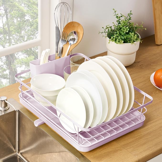 Dish Drying Rack 3 Piece Dish Drainer with Drainboard Set for Kitchen Counter – Dish Rack with Removable Utensil Holder & Swivel Spout for Countertop – DishRack for Plates, Cups & More, Pale Pink