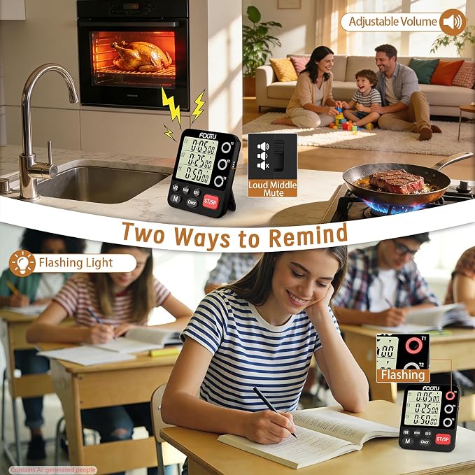 Digital Dual Kitchen Timer, 3-Channel Triple Magnetic Countdown for Cooking | Multi-Groups Independent Countup Food Timer, Large Display, Memory Presets, Loud Alarm & Mute, 3A Battery & Stand Included