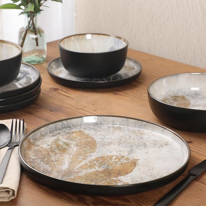 Gibson Elite Chantilly Hill 16-Piece Ceramic Dinnerware Set, Round Plates & Bowls, Multicolor Leaf Design, Microwave & Dishwasher Safe, Service for 4