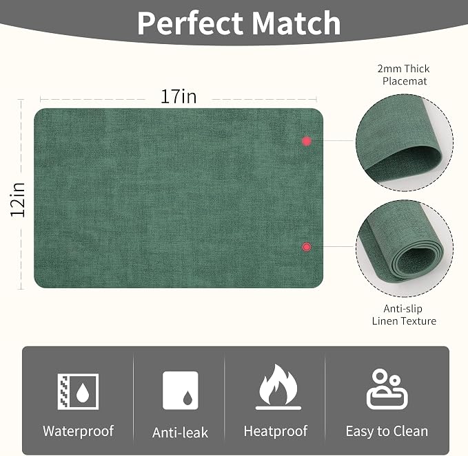 Maxpearl Faux Leather Placemats Set of 4, Easy to Clean, Dark Green | Waterproof - Heat Resistant - Non Slip - Wipe Clean Dining Table Place Mats, Suitable for Indoor & Outdoor Use, 17''×12''